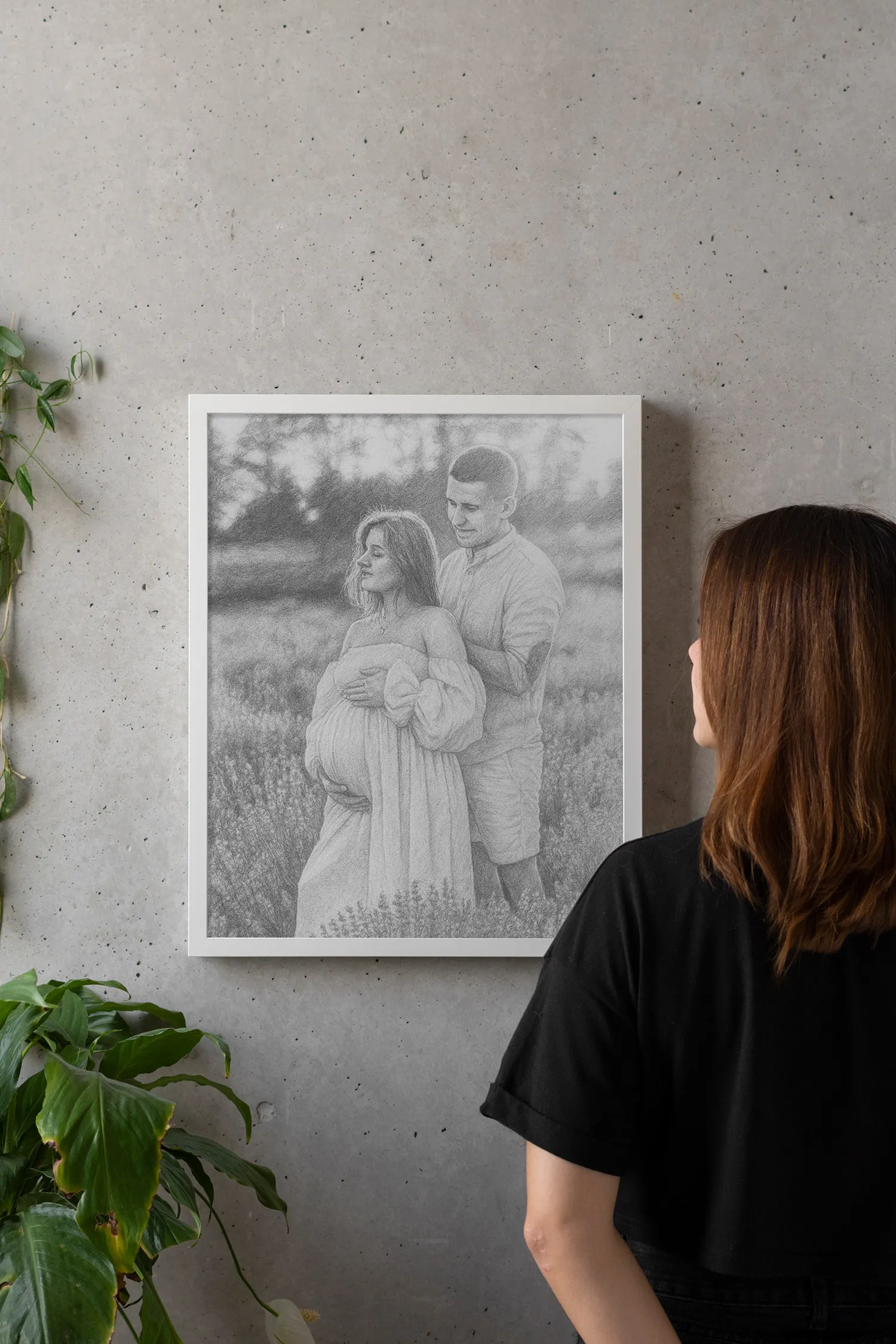 Szkic ze zdjęcia w białej ramie – sesja brzuszkowa