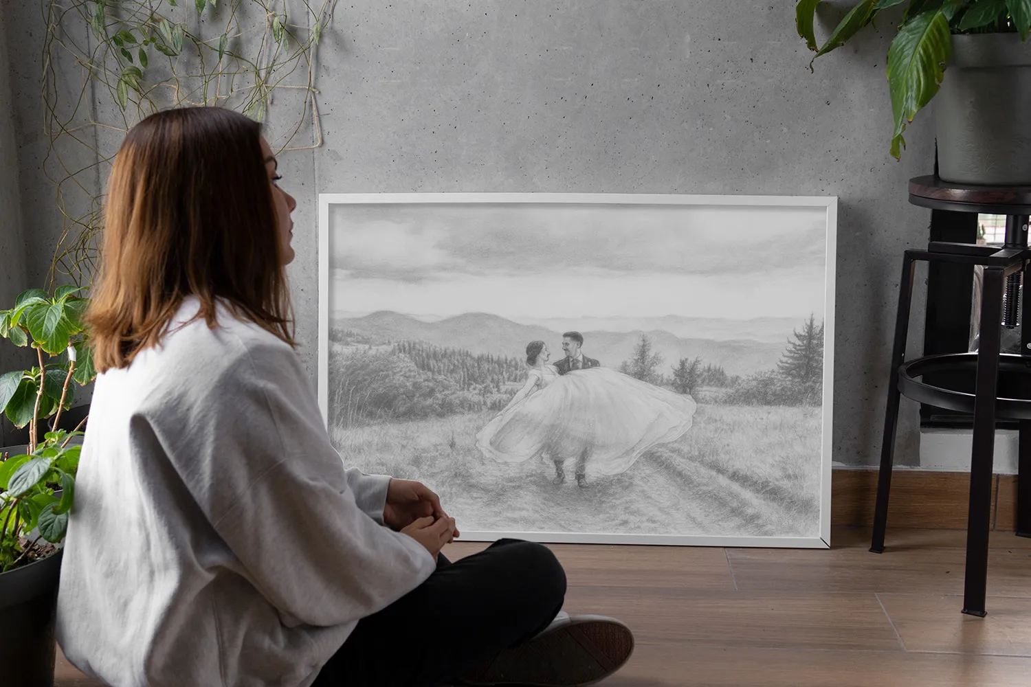 Szkic ze zdjęcia w białej ramie - sesja ślubna